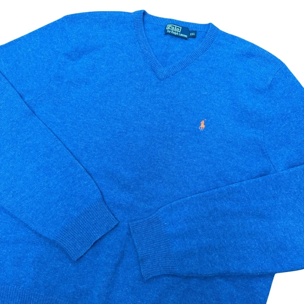 Vtg Polo Ralph Lauren Sweater Mens XXL Blue 100% Lambswool V-Neck Orange Pony